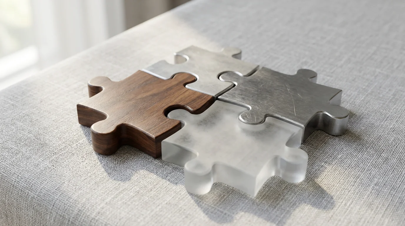 Macro photograph of unique puzzle pieces made of wood, metal, and frosted glass.