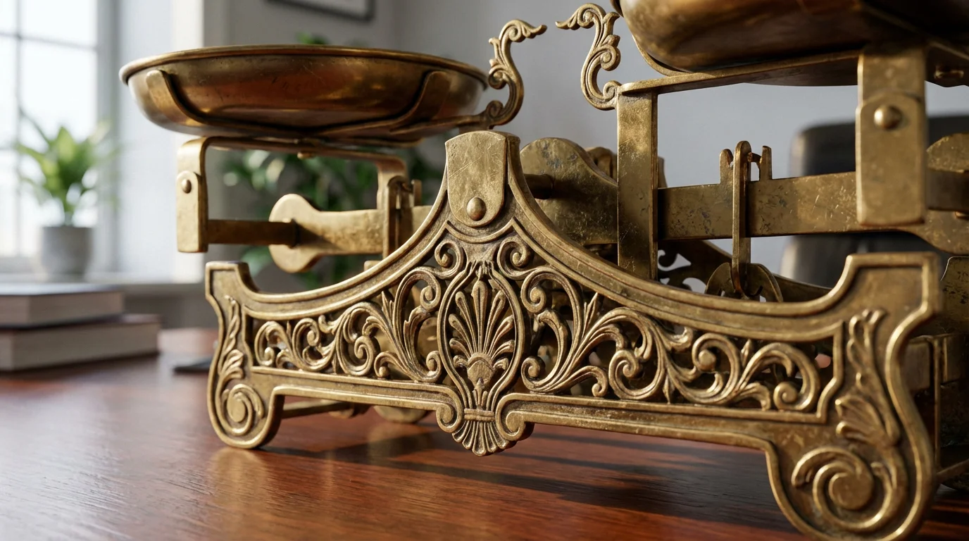 Macro shot of a vintage brass balance scale, symbolizing weighing important financial decisions.