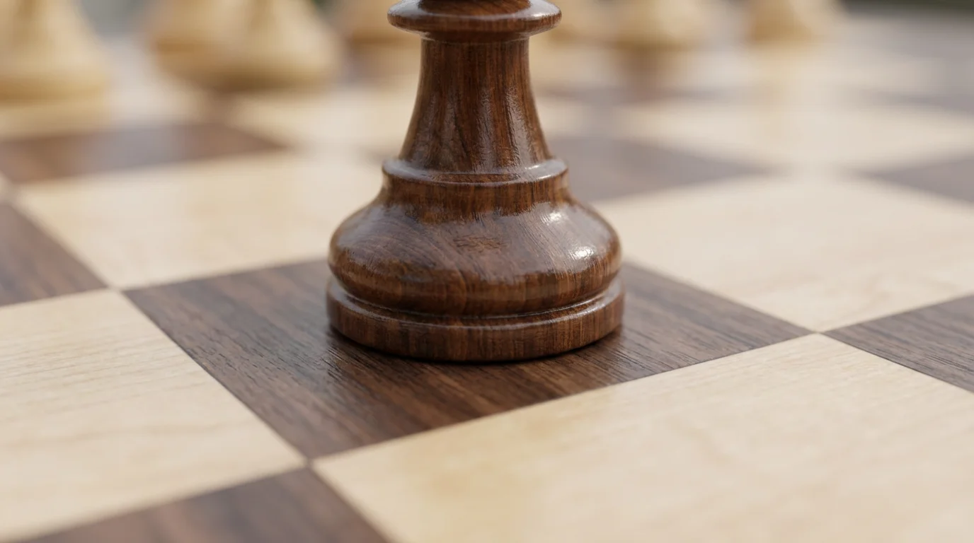 Macro shot of a wooden chess pawn moving to the next square on a chessboard.