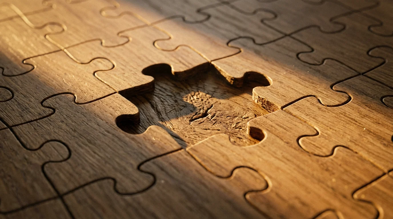 Macro shot of a wooden jigsaw puzzle with a single missing piece at sunset.