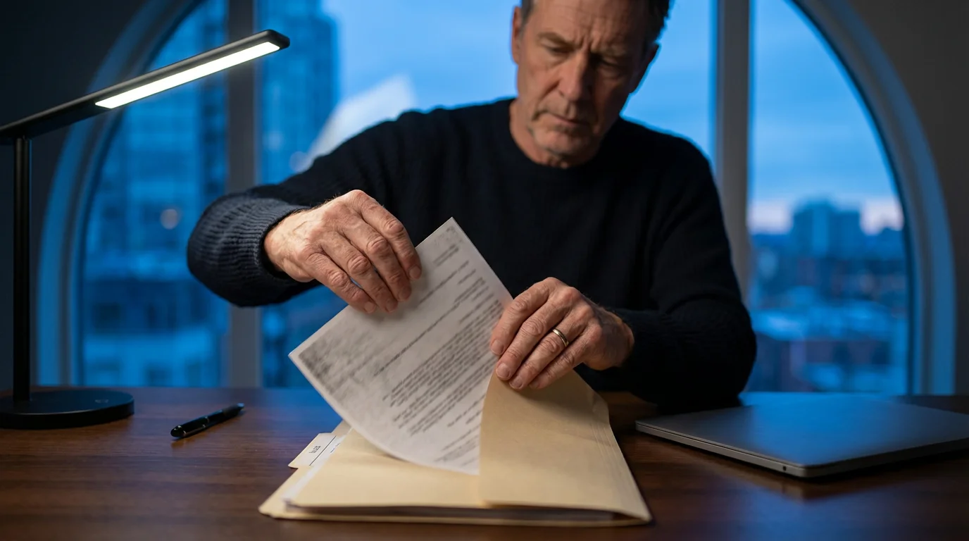 Man at a desk in a modern home office organizing documents during blue hour.