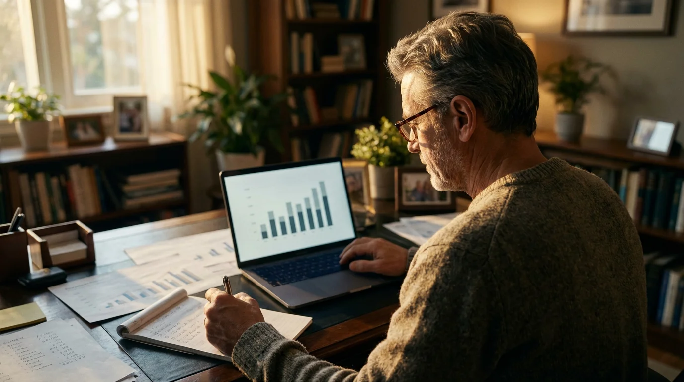Man at a desk in golden hour light comparing a financial chart on a laptop.