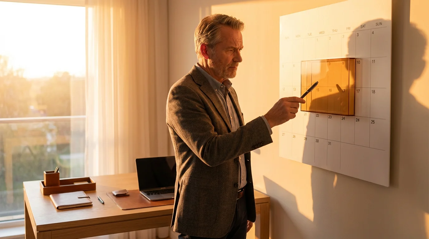 Man in his 60s pointing to a highlighted section on a wall calendar.
