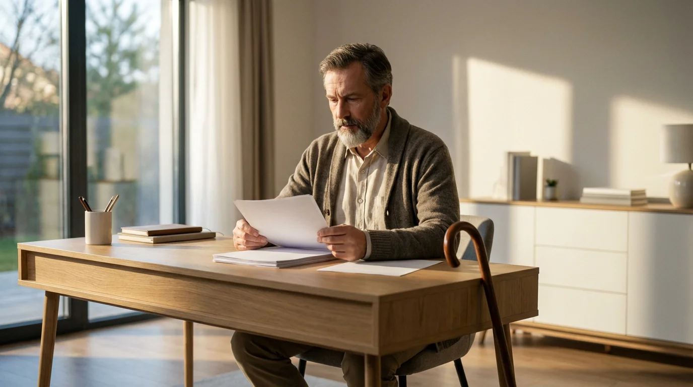 Man with a cane at a desk reviewing official documents in a sunlit room.