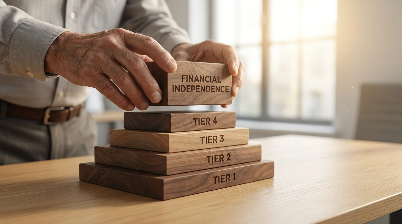 Man's hands stacking ascending wooden blocks on a desk, symbolizing higher income tiers.