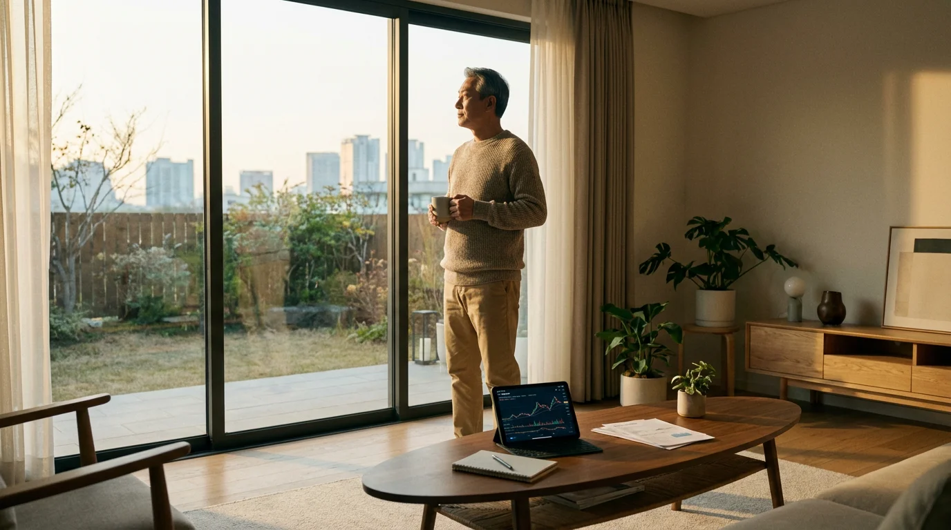 Mature Asian man in a sunlit living room looking thoughtfully out a window.