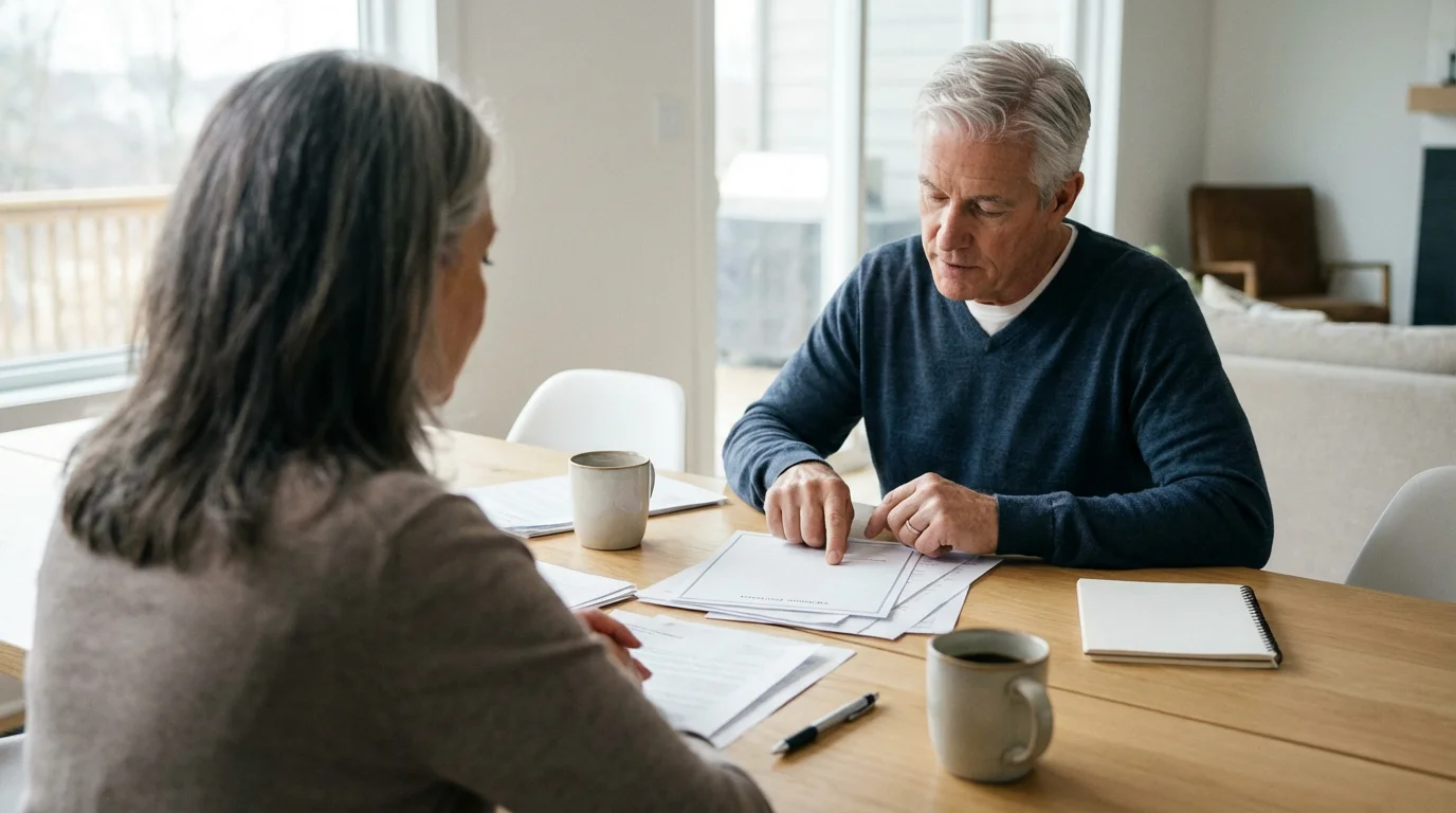 Mature couple at a table with documents planning their work and retirement finances together.