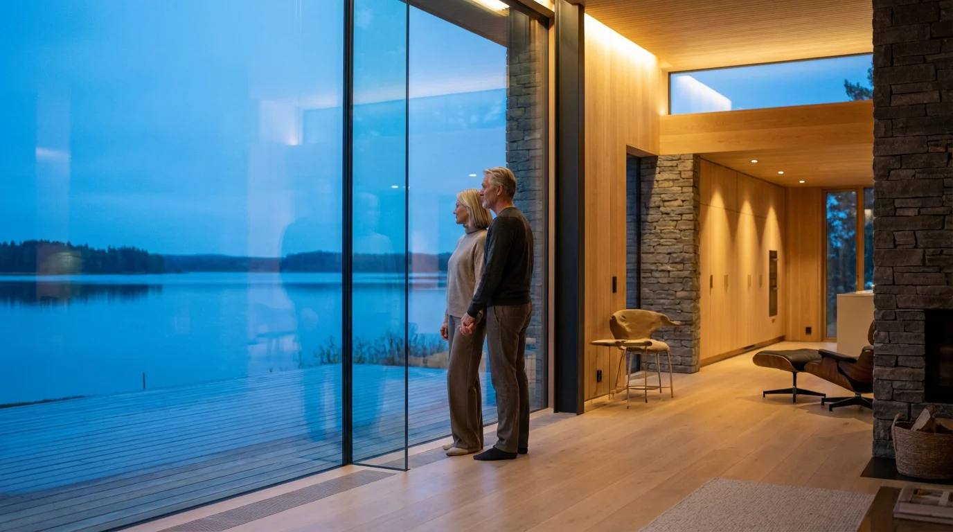 Mature couple in a modern home at dusk looking out a large window together.