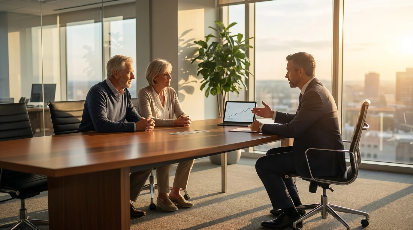 Mature couple in a strategic financial planning meeting with an advisor in a modern office.