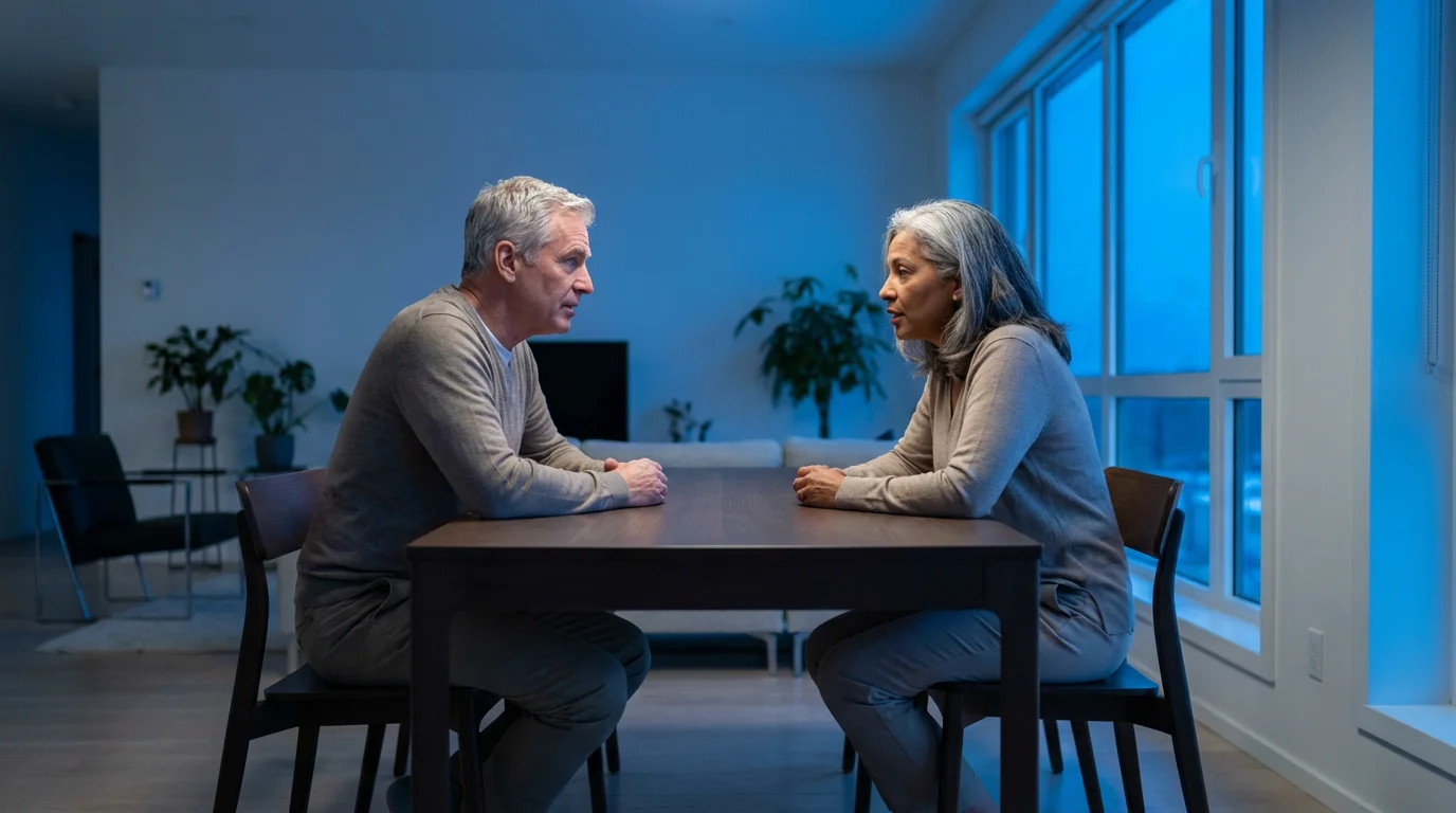 Mature couple in thoughtful discussion at a dining table during the blue hour.