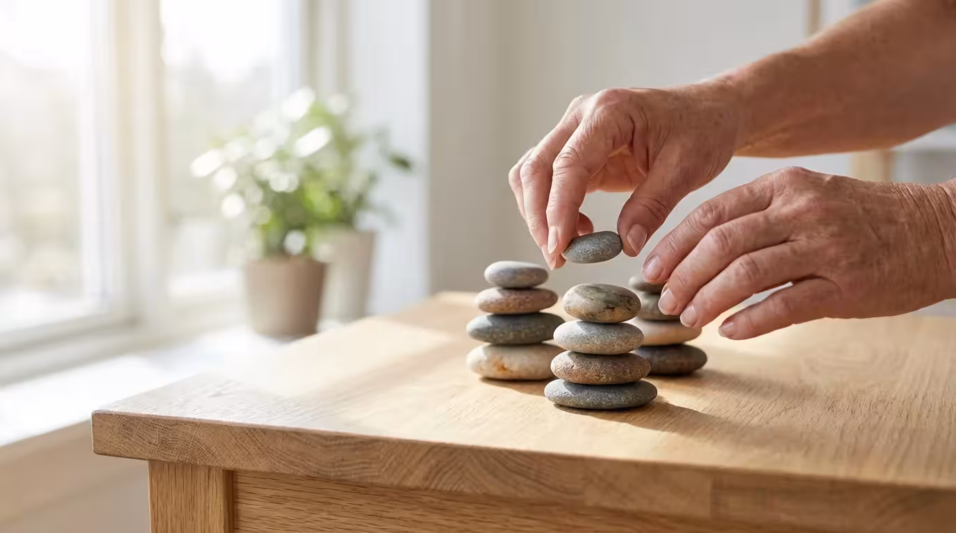 Mature hands stacking different colored stones into piles, symbolizing provisional income calculation for taxes.