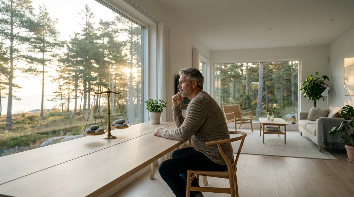 Mature man at a desk with a brass balance scale in a modern, sunlit room.