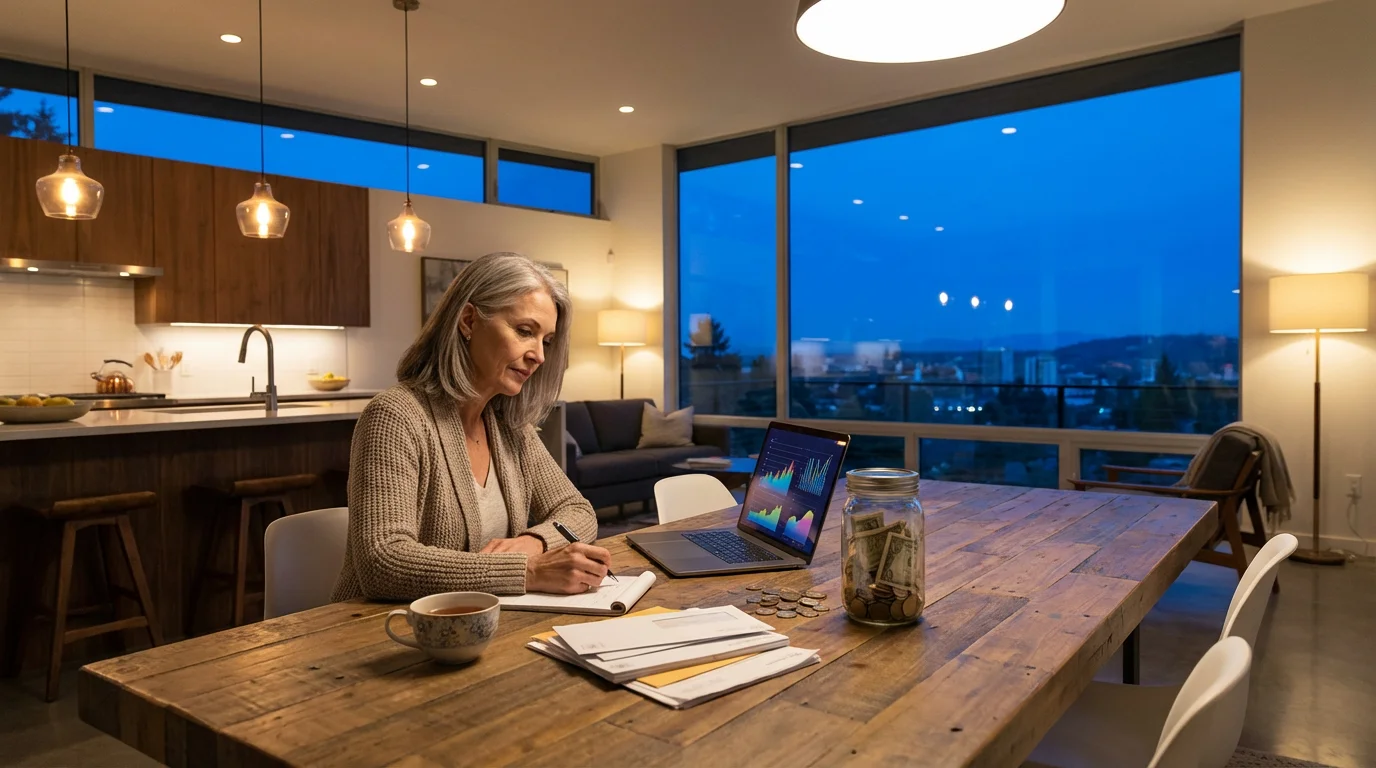 Mature woman at a dining table during blue hour, reviewing her budget for travel.