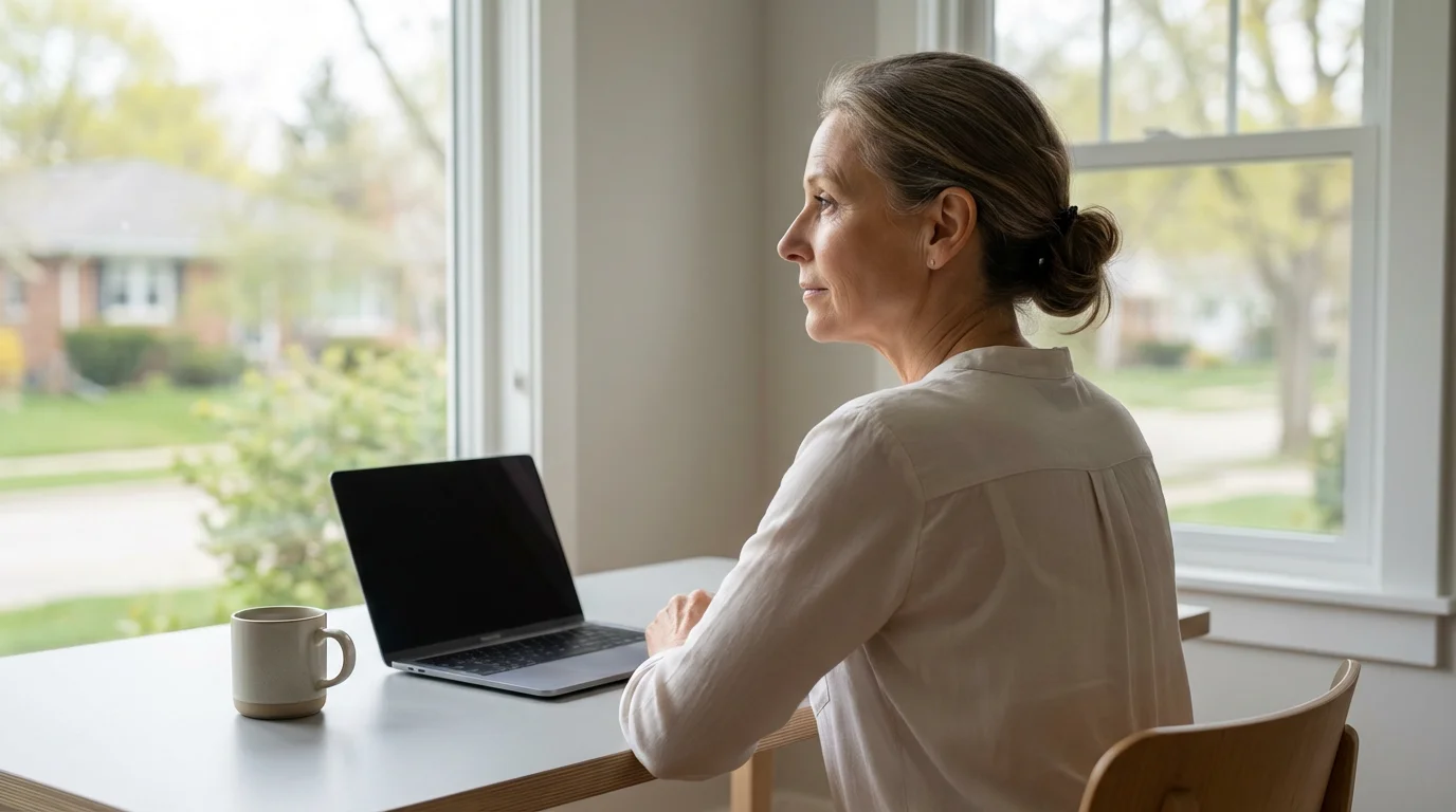 Mature woman in a sunlit room looks thoughtfully out a window, contemplating her future.