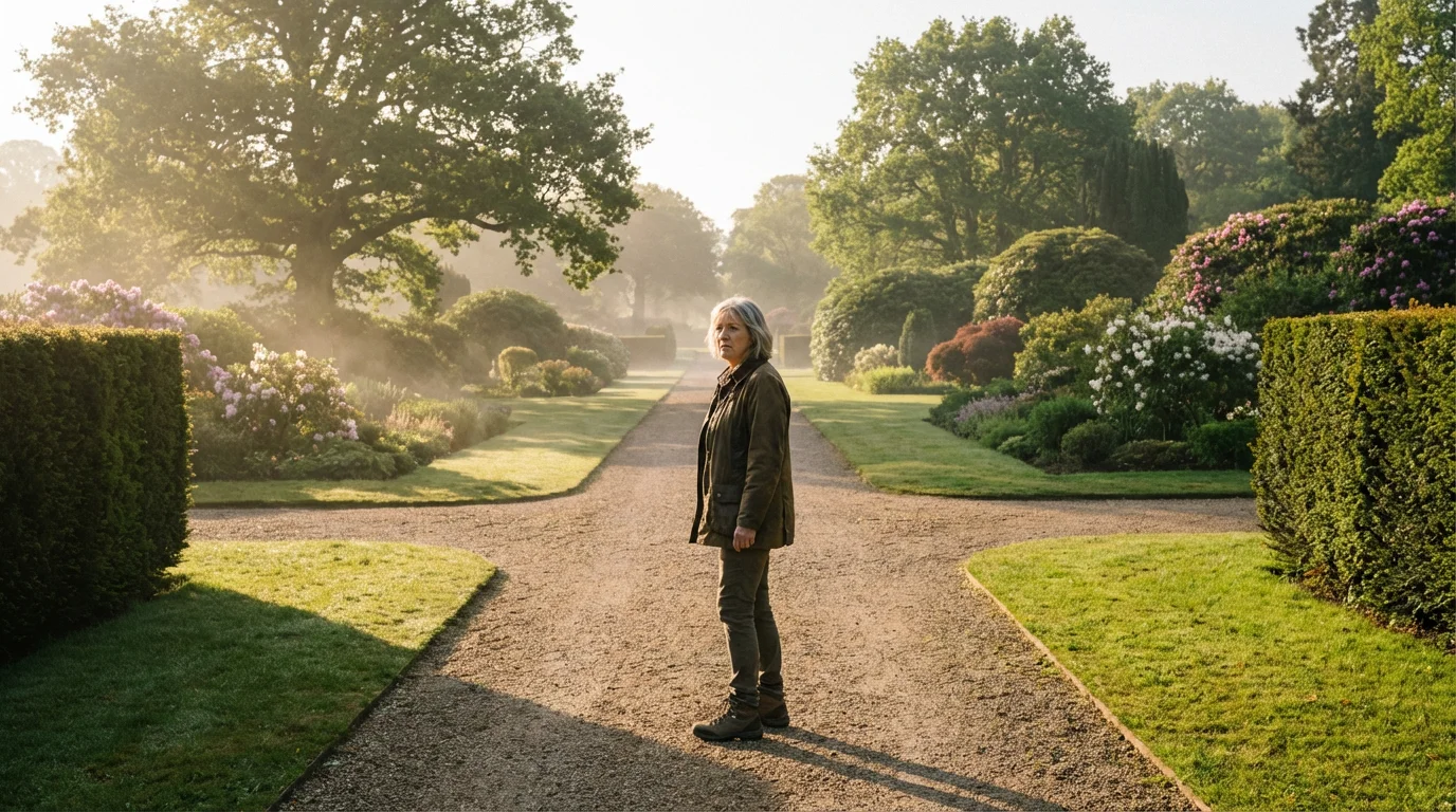 Mature woman pausing on a branching garden path, representing Medicare enrollment choices and mistakes.