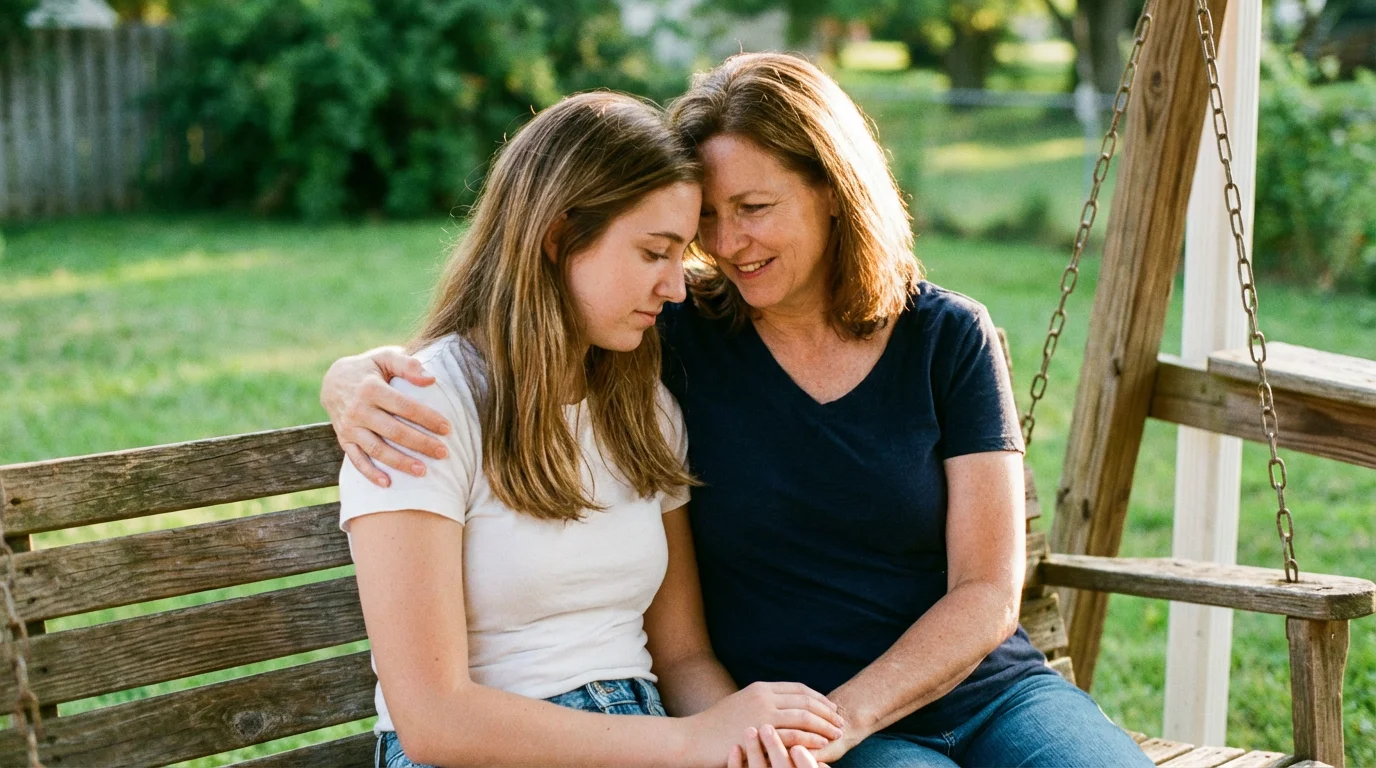Mother and daughter have a supportive conversation on a porch swing during golden hour.
