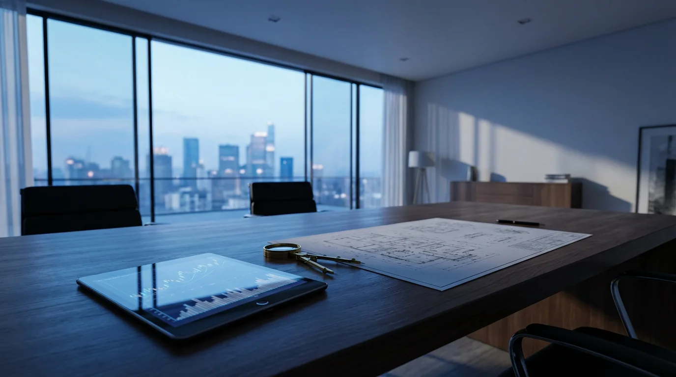 Navigational tools and financial charts on a desk in a modern office at dusk.
