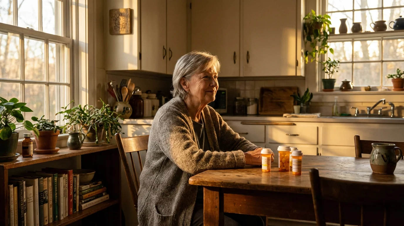 Older woman sitting peacefully in her sunlit kitchen with prescription bottles on the table.