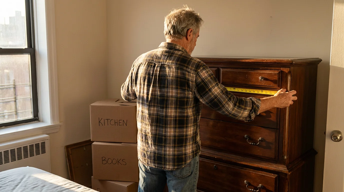 Over-the-shoulder shot of a senior man measuring an old dresser in a new, smaller apartment.