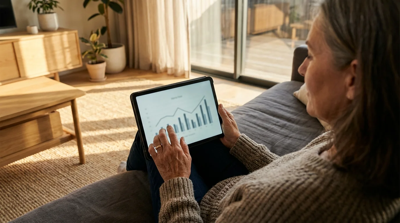 Over-the-shoulder shot of a woman holding a tablet, researching options in a sunlit room.