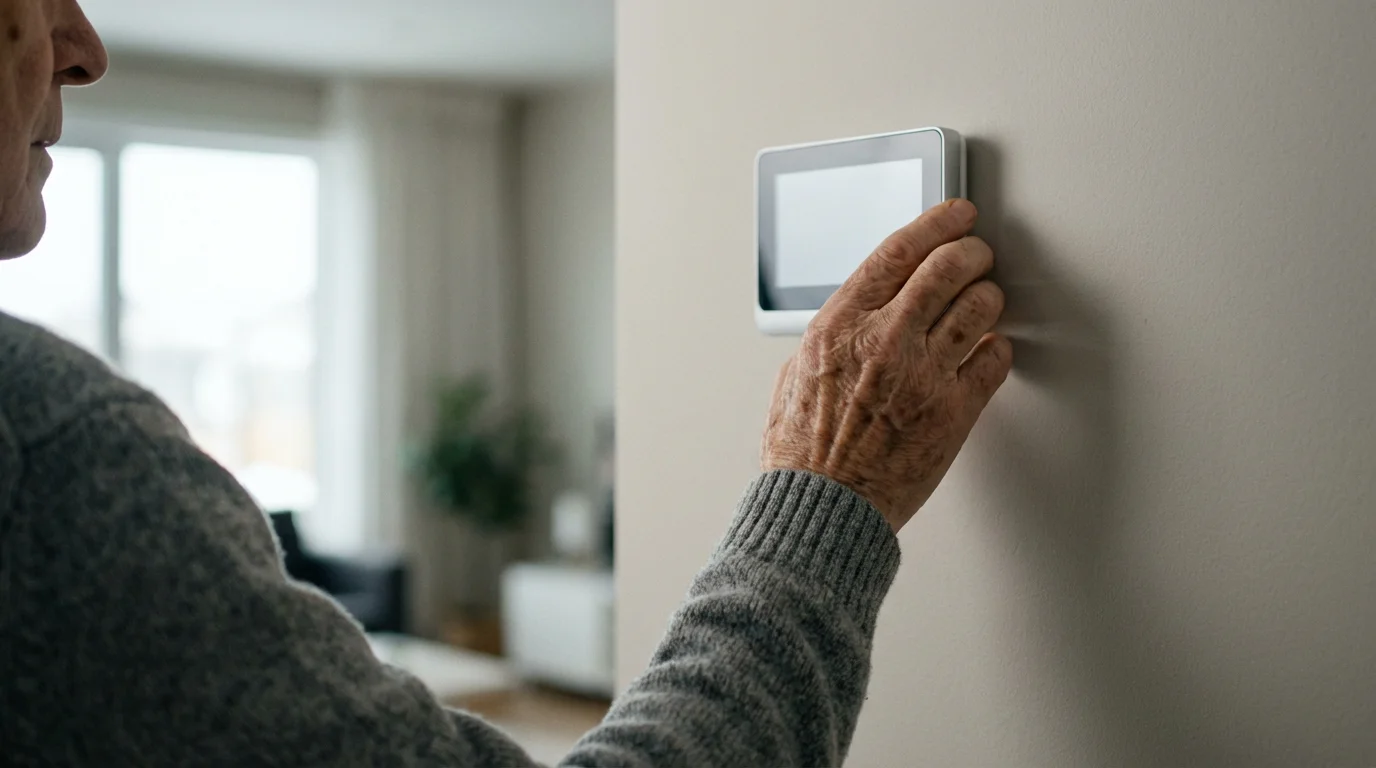 Over-the-shoulder shot of an elderly person adjusting a modern thermostat in a brightly lit home.