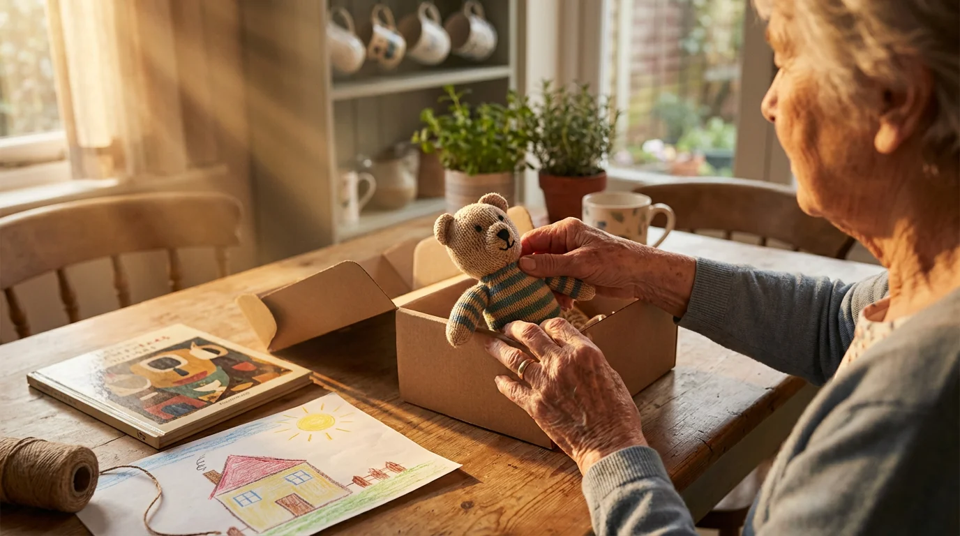 Over-the-shoulder view of a grandmother's hands packing a thoughtful care package on a table.