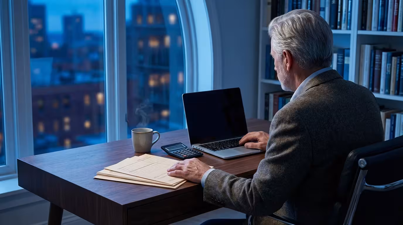 Over-the-shoulder view of a man at a desk organizing financial documents during blue hour.