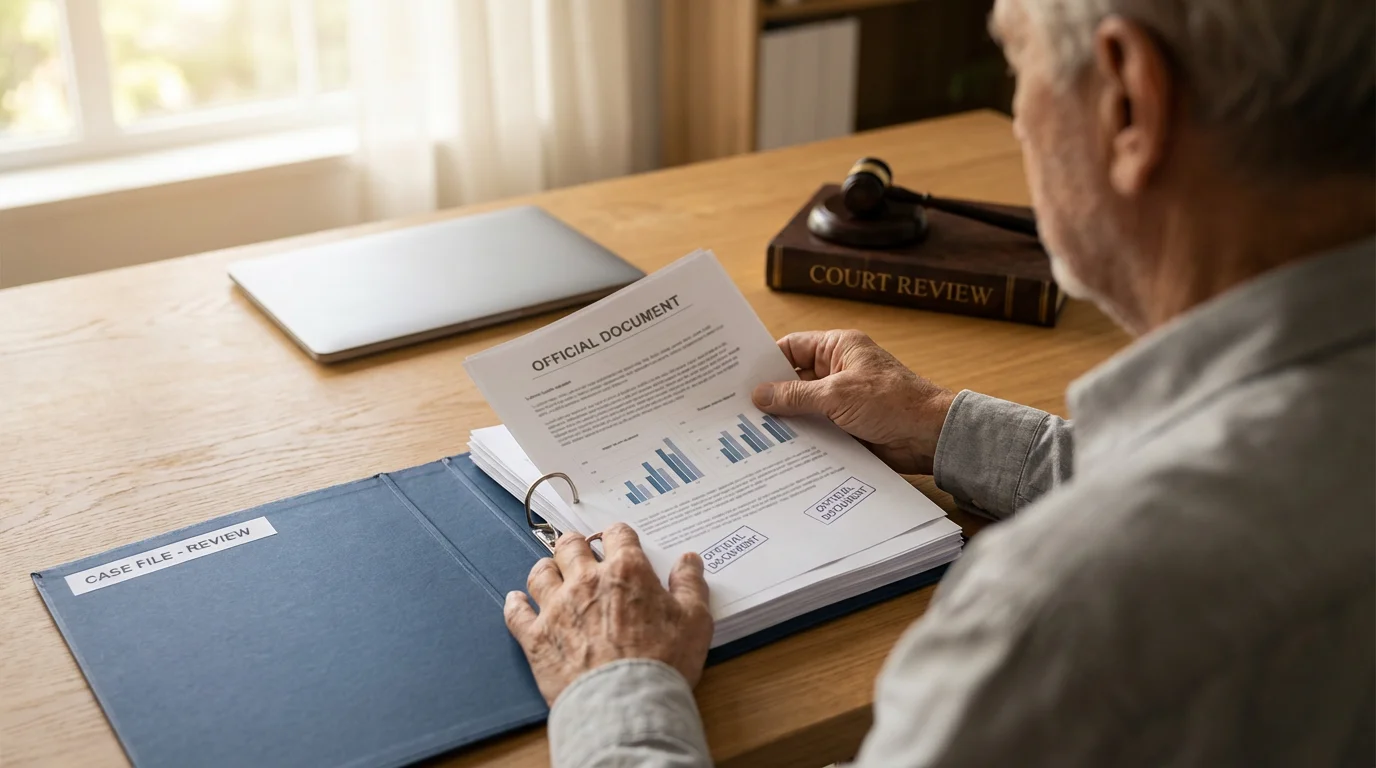 Over-the-shoulder view of a person organizing legal documents and a gavel on a desk.
