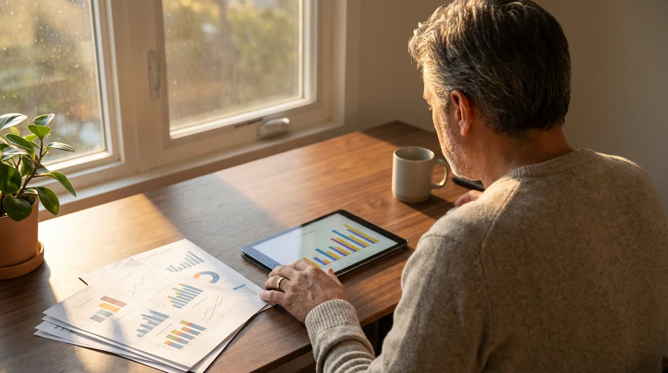 Over-the-shoulder view of a person reviewing financial documents on a desk at sunset.