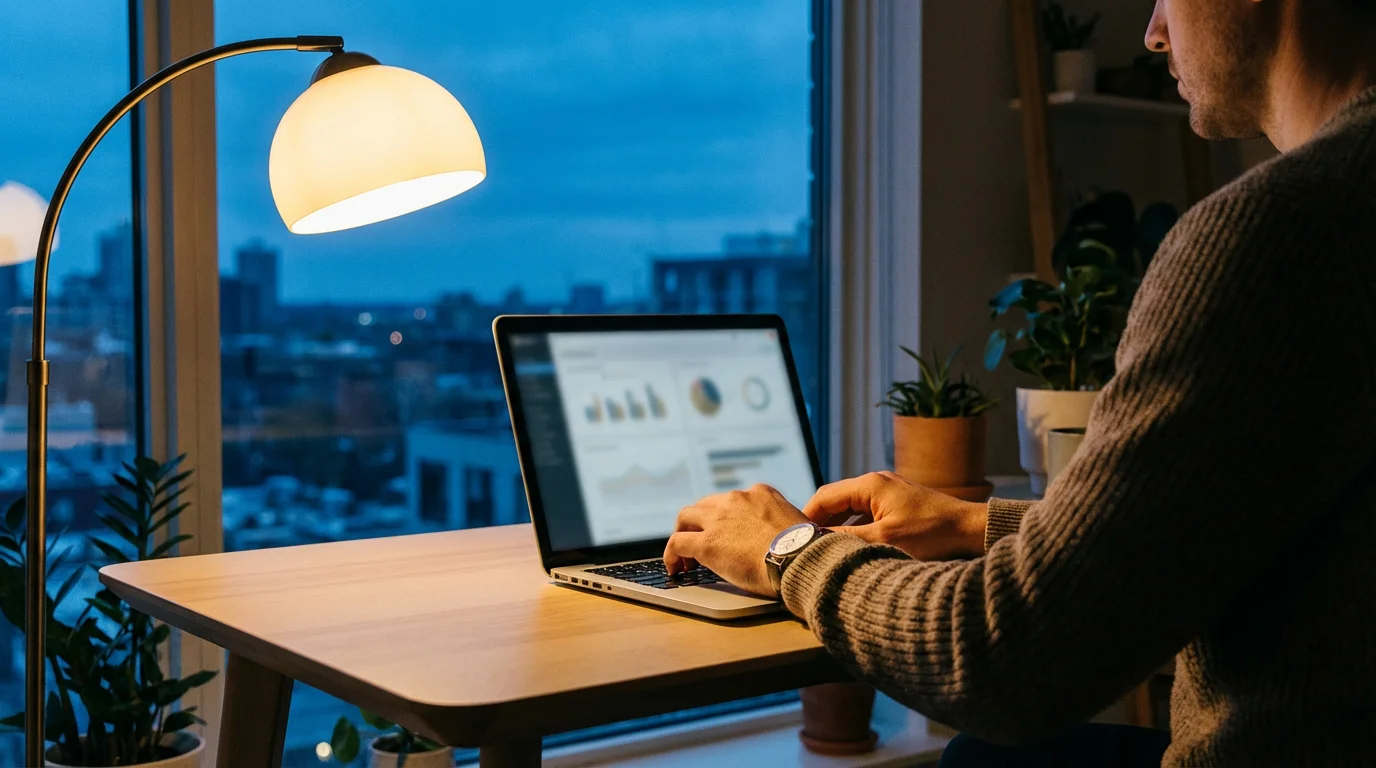 Over-the-shoulder view of a person using a laptop at a desk during twilight.