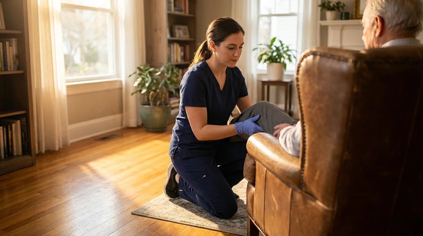 Over-the-shoulder view of a physical therapist assisting an elderly man with exercises at home.