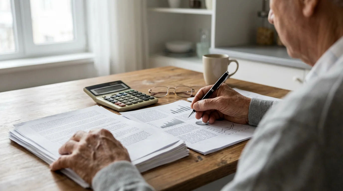 Over-the-shoulder view of a senior citizen at a table reviewing complex financial documents.