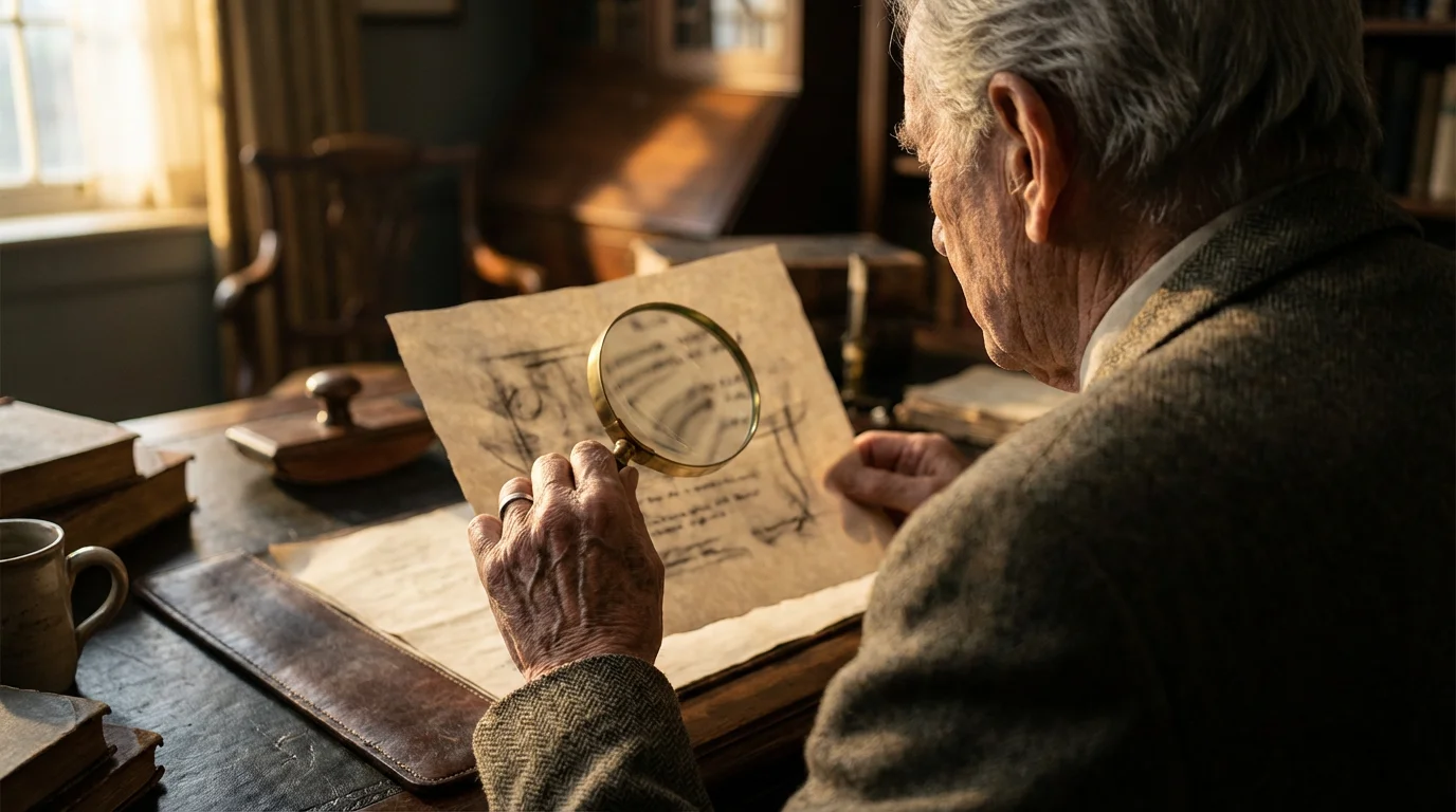 Over-the-shoulder view of a senior citizen examining a document with a magnifying glass.