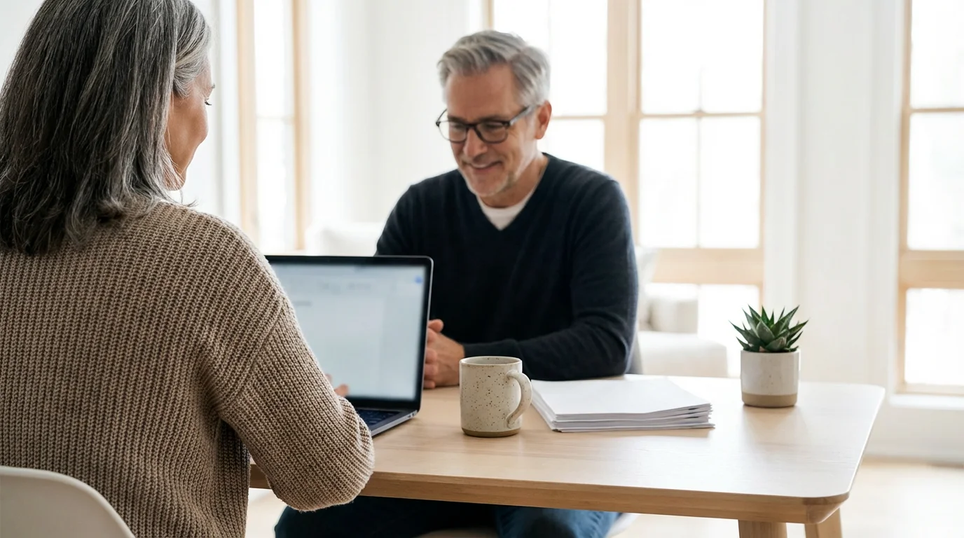 Over-the-shoulder view of a senior couple at a desk researching options on a laptop.
