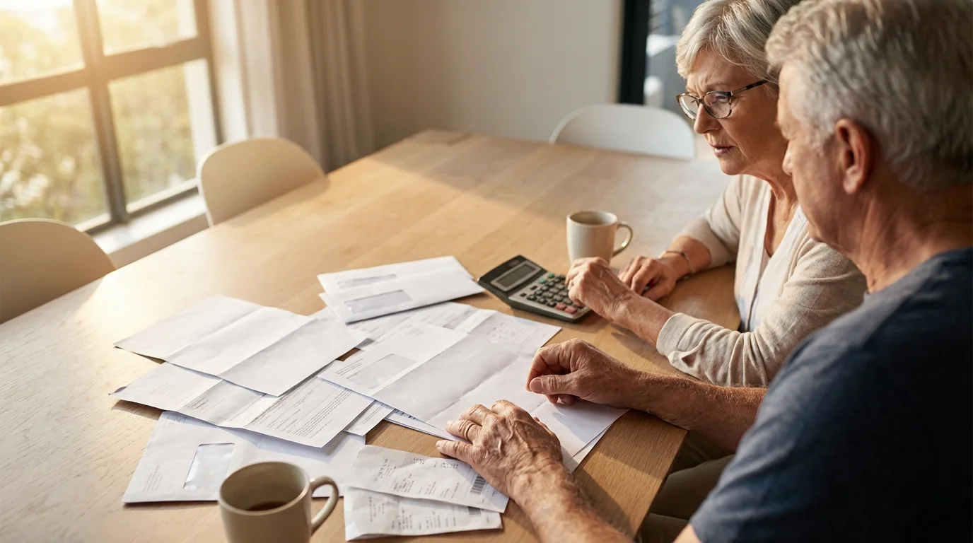 Over-the-shoulder view of a senior couple reviewing blank financial papers at a table.