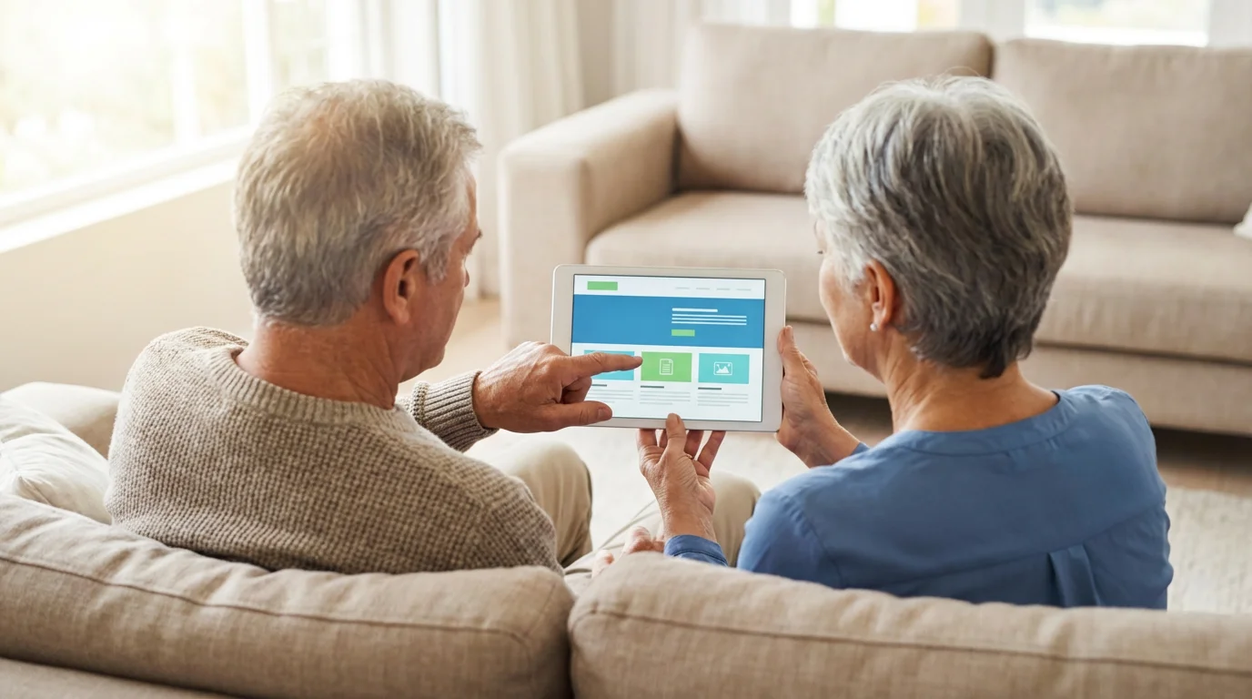 Over-the-shoulder view of a senior couple looking at retirement resources on a tablet computer.