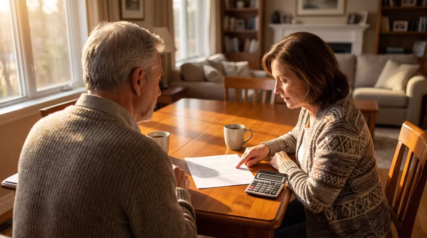 Over-the-shoulder view of a senior couple reviewing Social Security documents at a sunlit table.