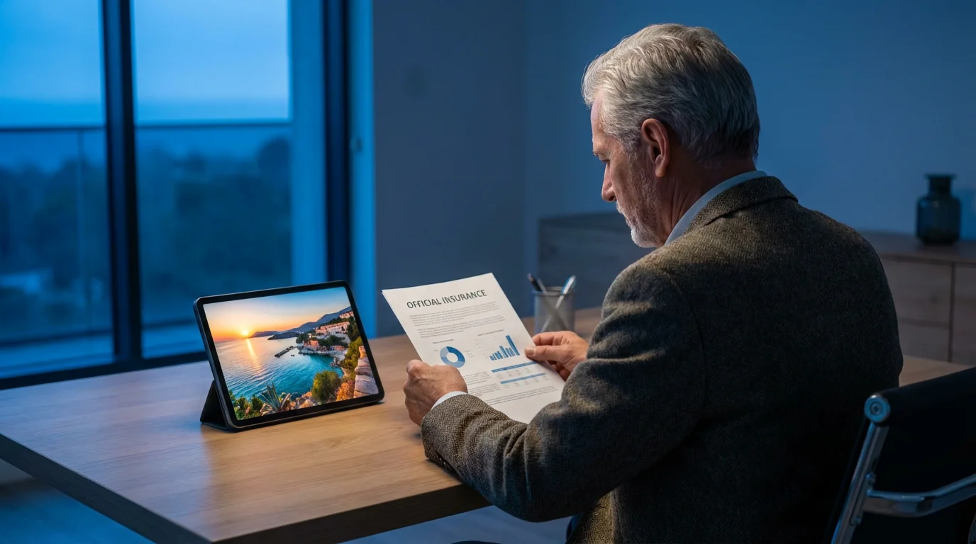 Over-the-shoulder view of a senior man at a desk reviewing travel insurance documents at dusk.