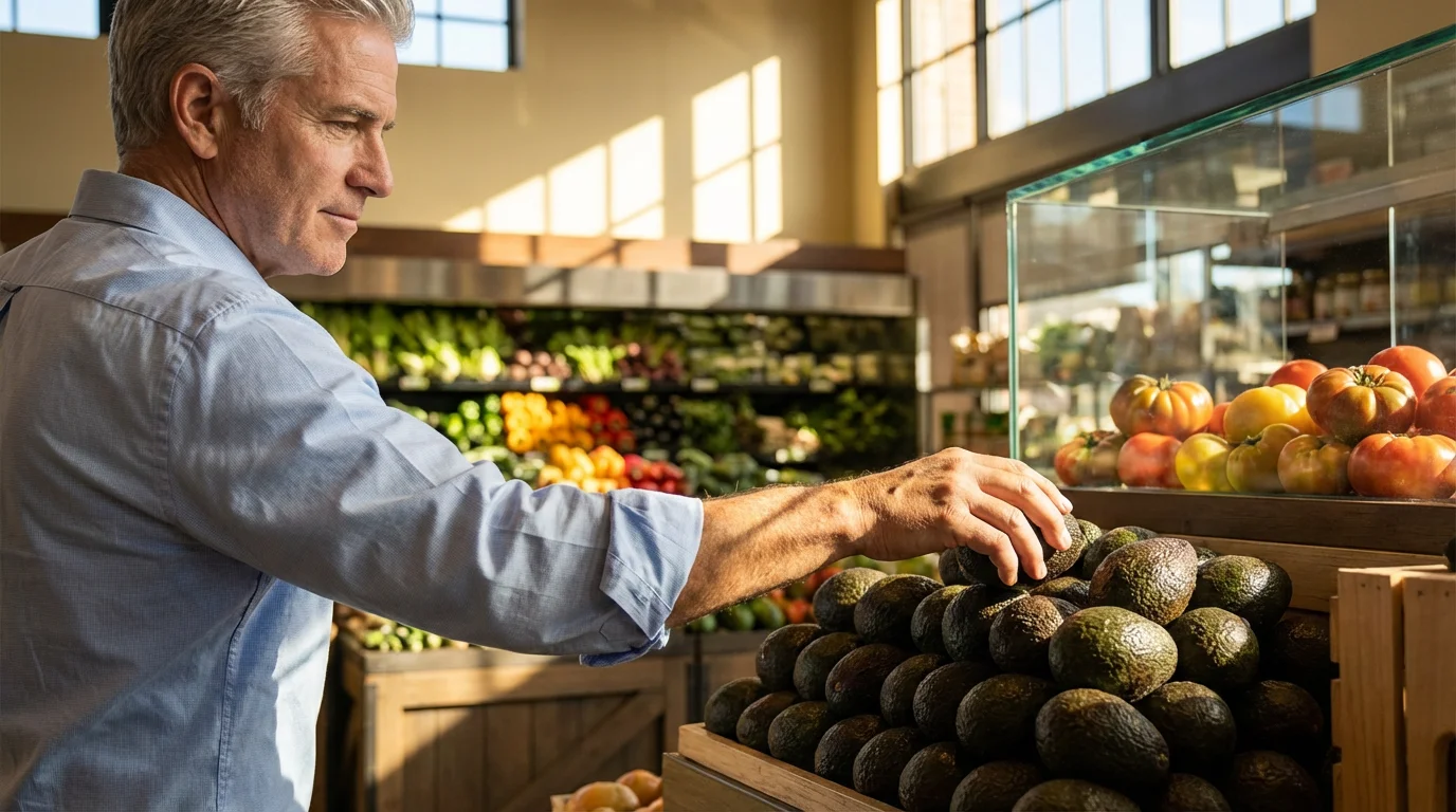 Over-the-shoulder view of a senior man choosing a single avocado in a grocery store.