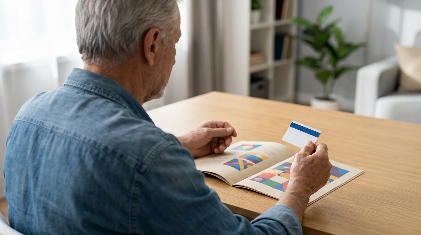 Over-the-shoulder view of a senior man comparing a simple card with a detailed brochure.
