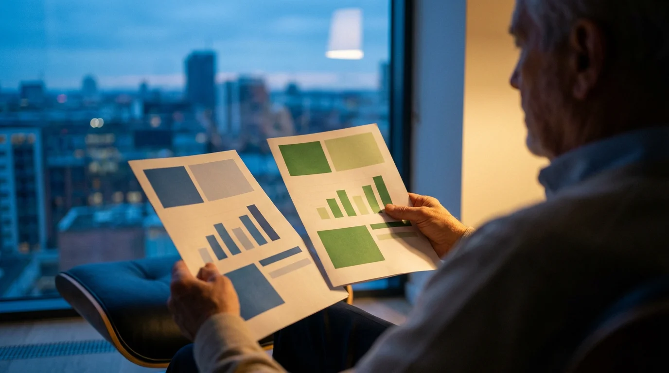 Over-the-shoulder view of a senior man comparing two abstract plan brochures at dusk.