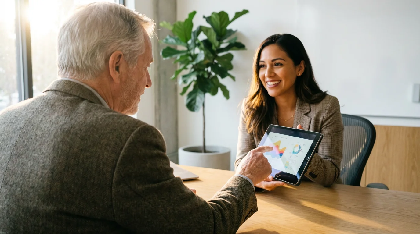 Over-the-shoulder view of a senior man discussing options on a tablet with a female advisor.