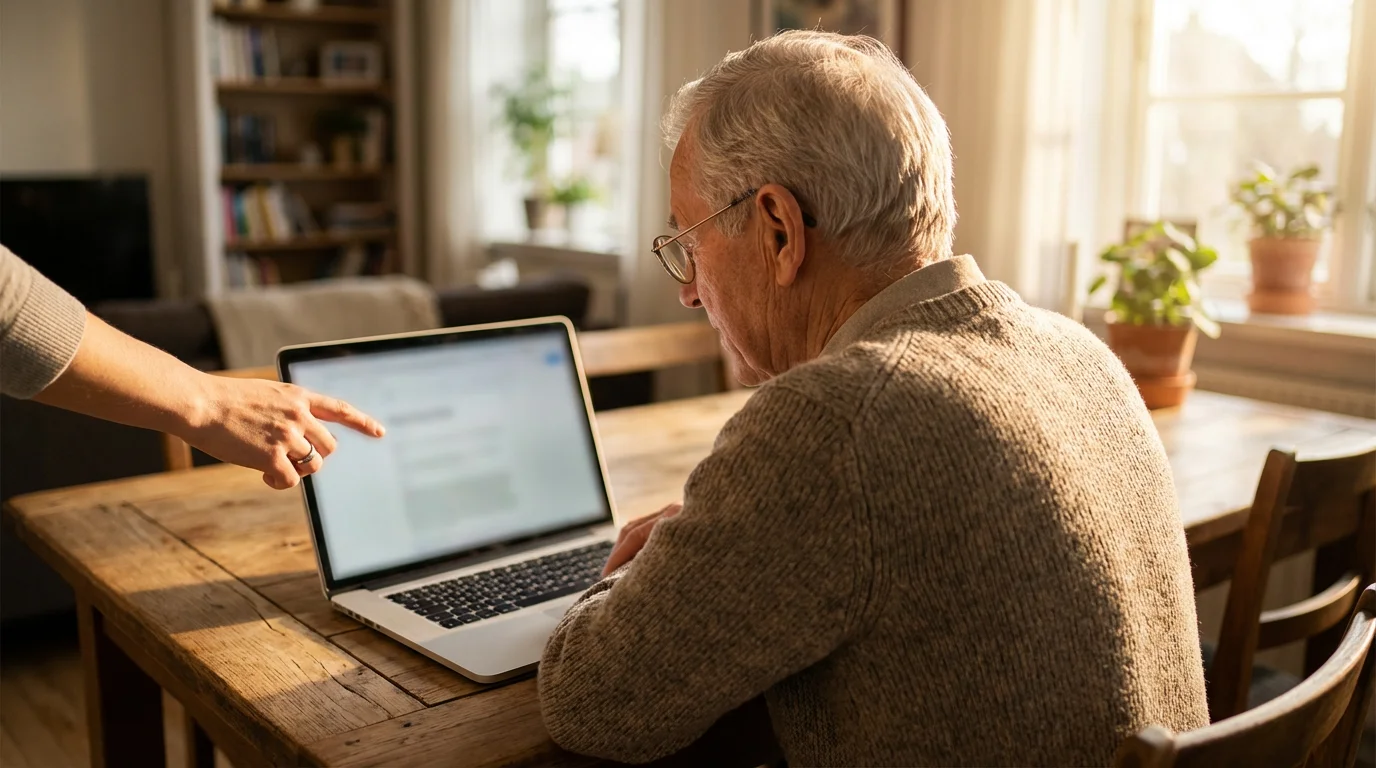 Over-the-shoulder view of a senior man getting help using a laptop at home.