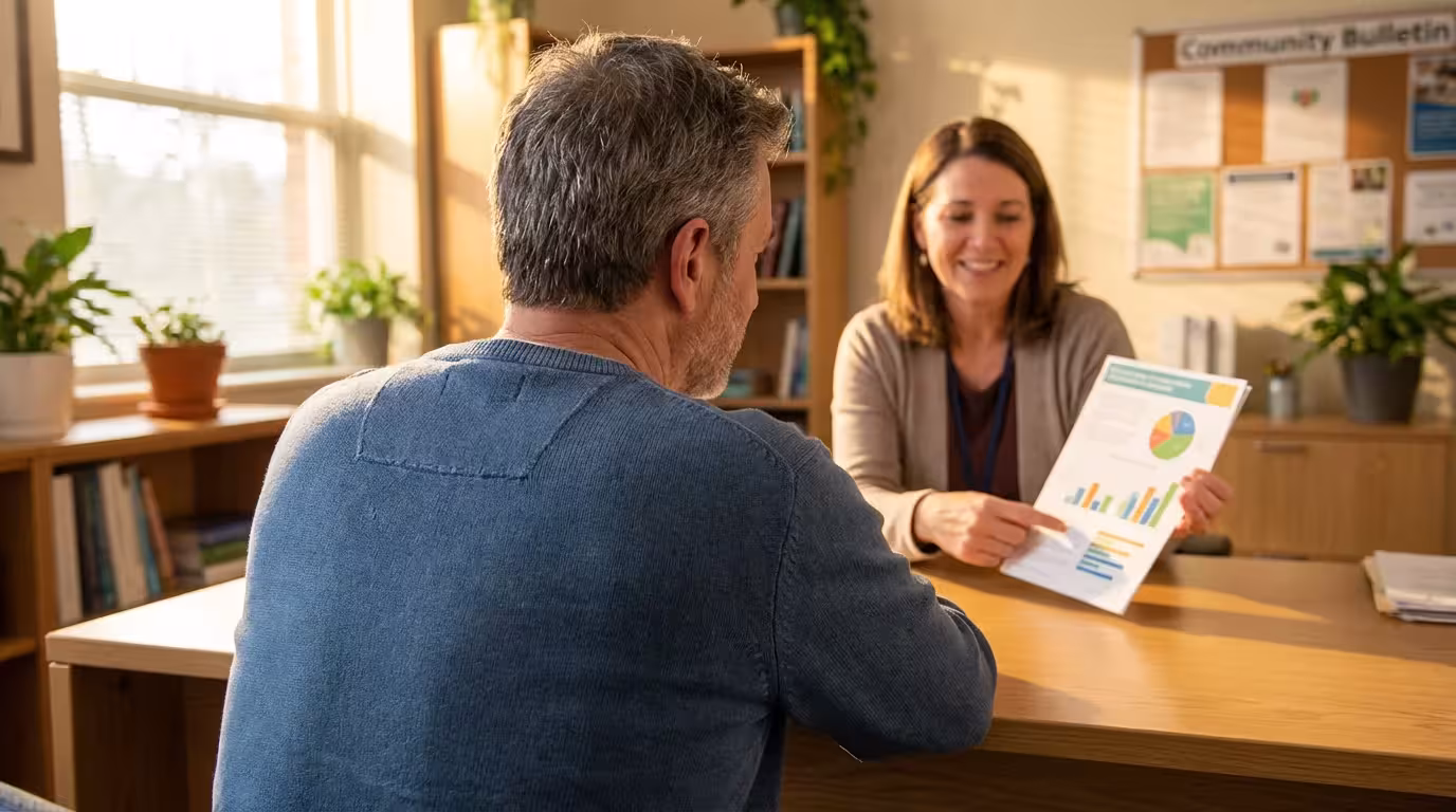 Over-the-shoulder view of a senior man meeting with a helpful case worker at a desk.