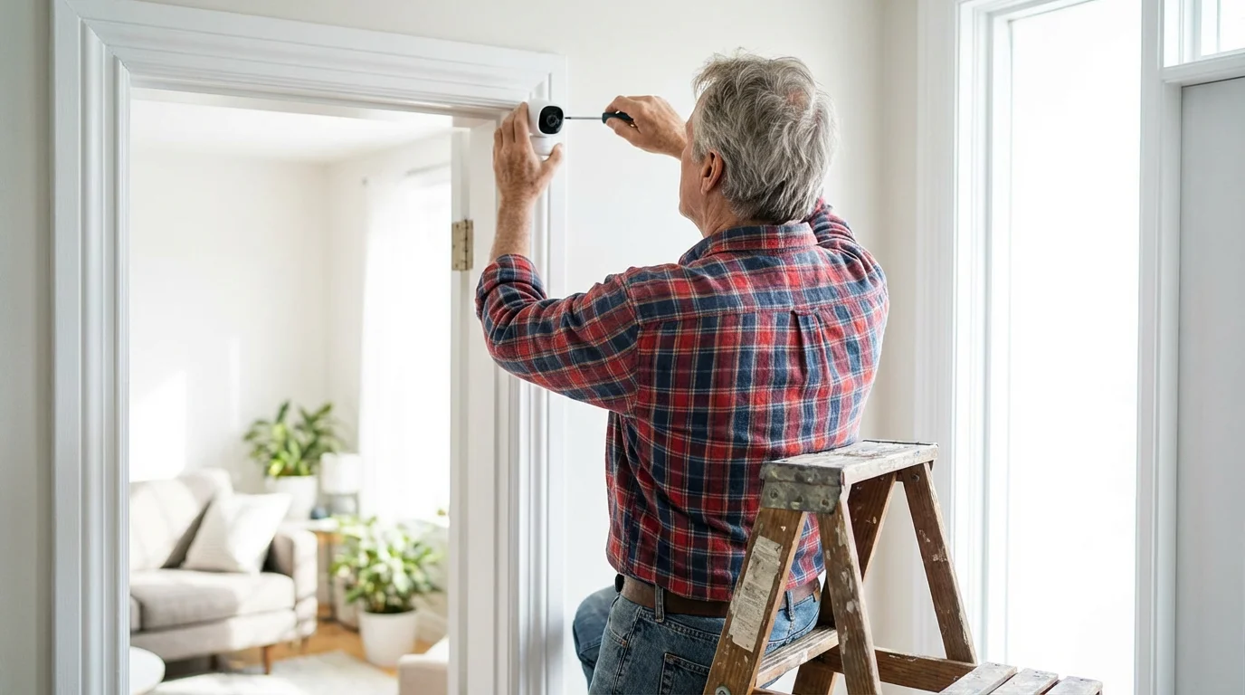Over-the-shoulder view of a senior man on a stepladder installing a DIY security camera.