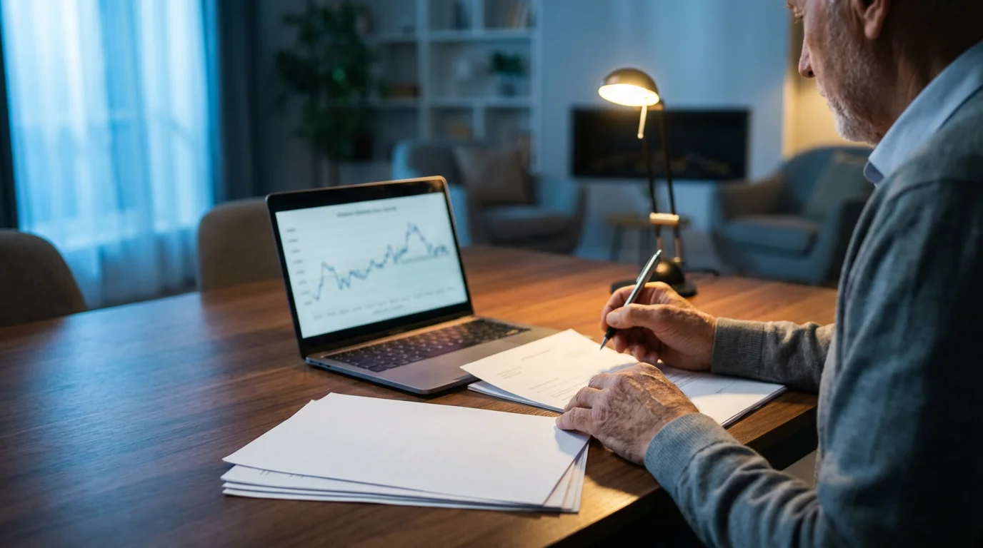 Over-the-shoulder view of a senior man reviewing financial documents and a laptop at dusk.