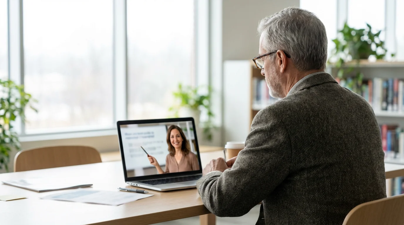 Over-the-shoulder view of a senior man receiving tax help from a professional volunteer.