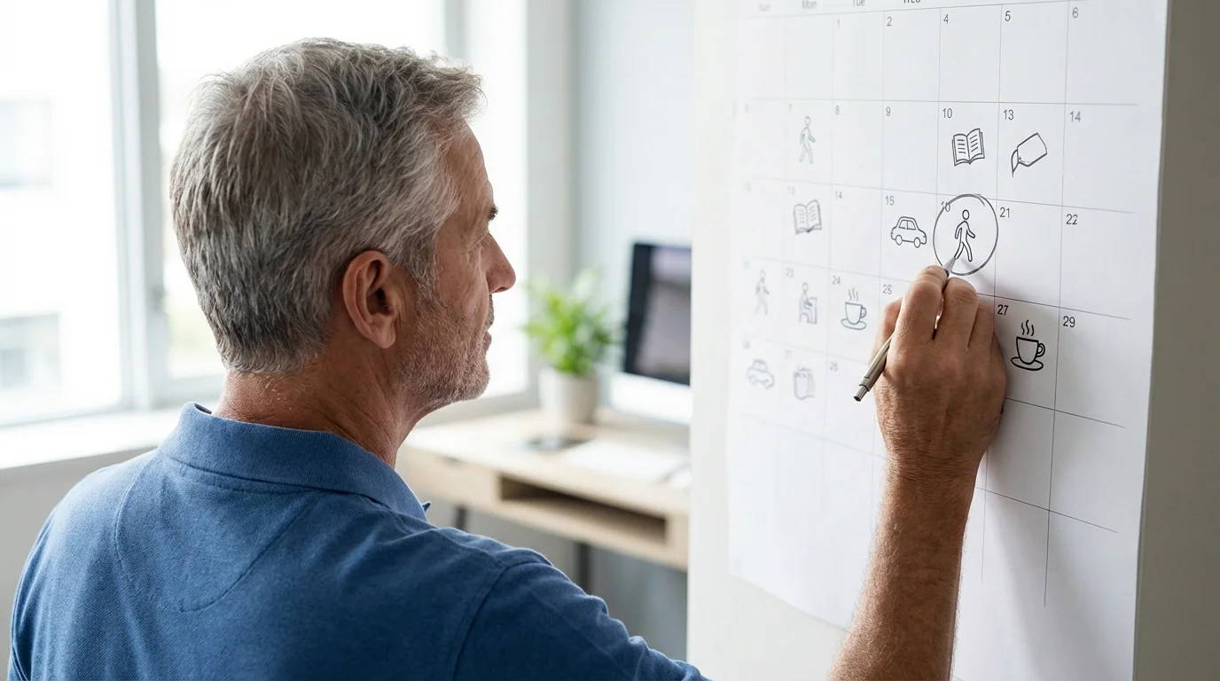 Over-the-shoulder view of a senior man scheduling his daily walk on a wall calendar.