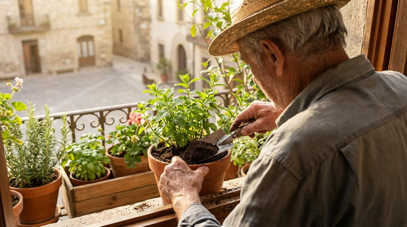 Over-the-shoulder view of a senior man tending to potted herbs on a sunny balcony.
