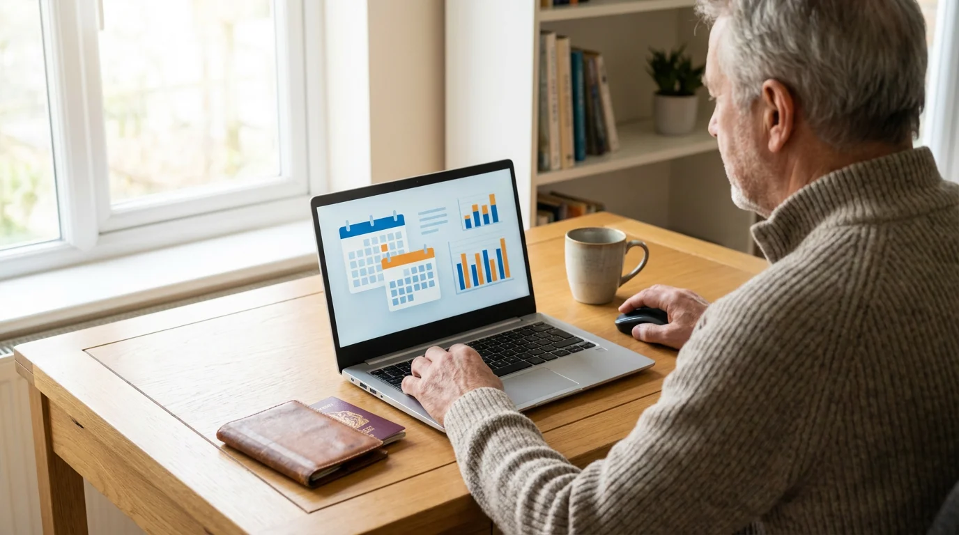 Over-the-shoulder view of a senior man using a laptop to book travel online.